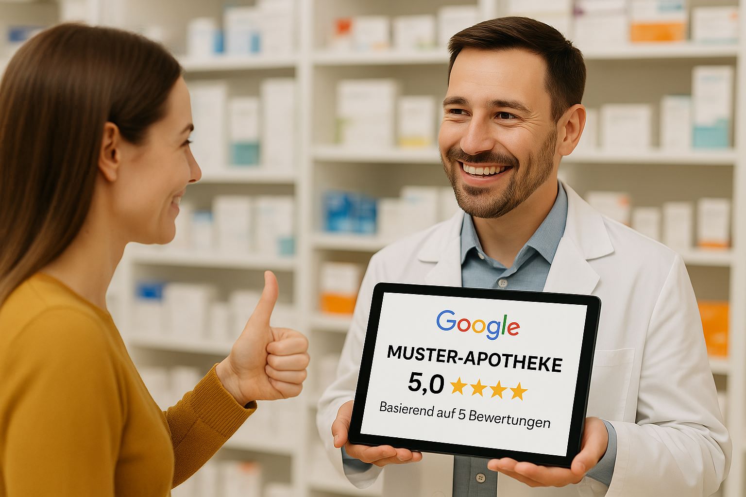 Apotheker zeigt Kundin das Symbol der Google 5 Sterne Bewertung, 5 rezensionen.