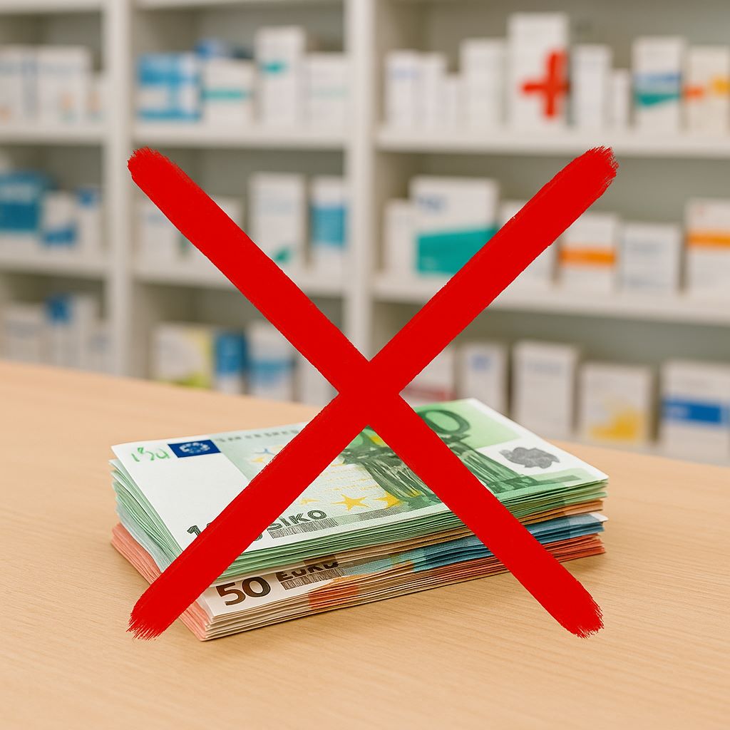 HV-Tisch in der Apotheke mit Geldscheinen, durchgetsrichen. Symbol für kostengünstiges Marketing.