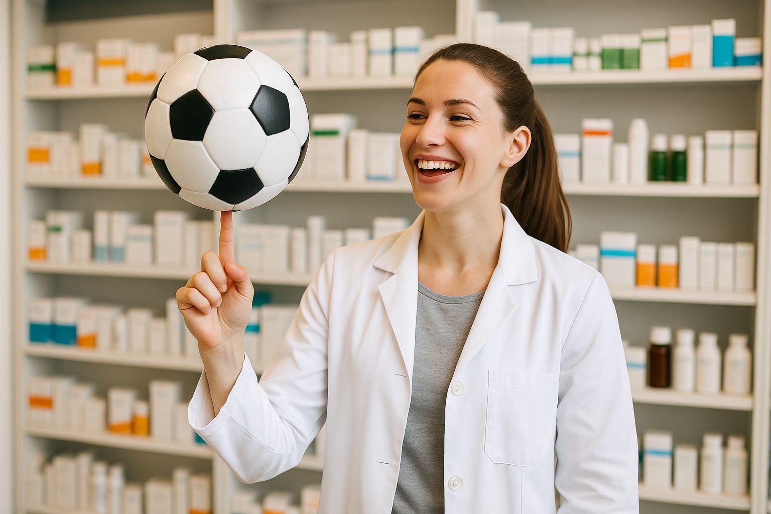 Die eigene Geschichte schreiben_Foto als Sinnbild_ Apothekerin mit Fußball auf dem Zeigefinger