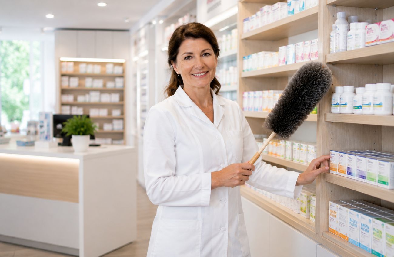 Apothekerin im HV mit Staubwedel
